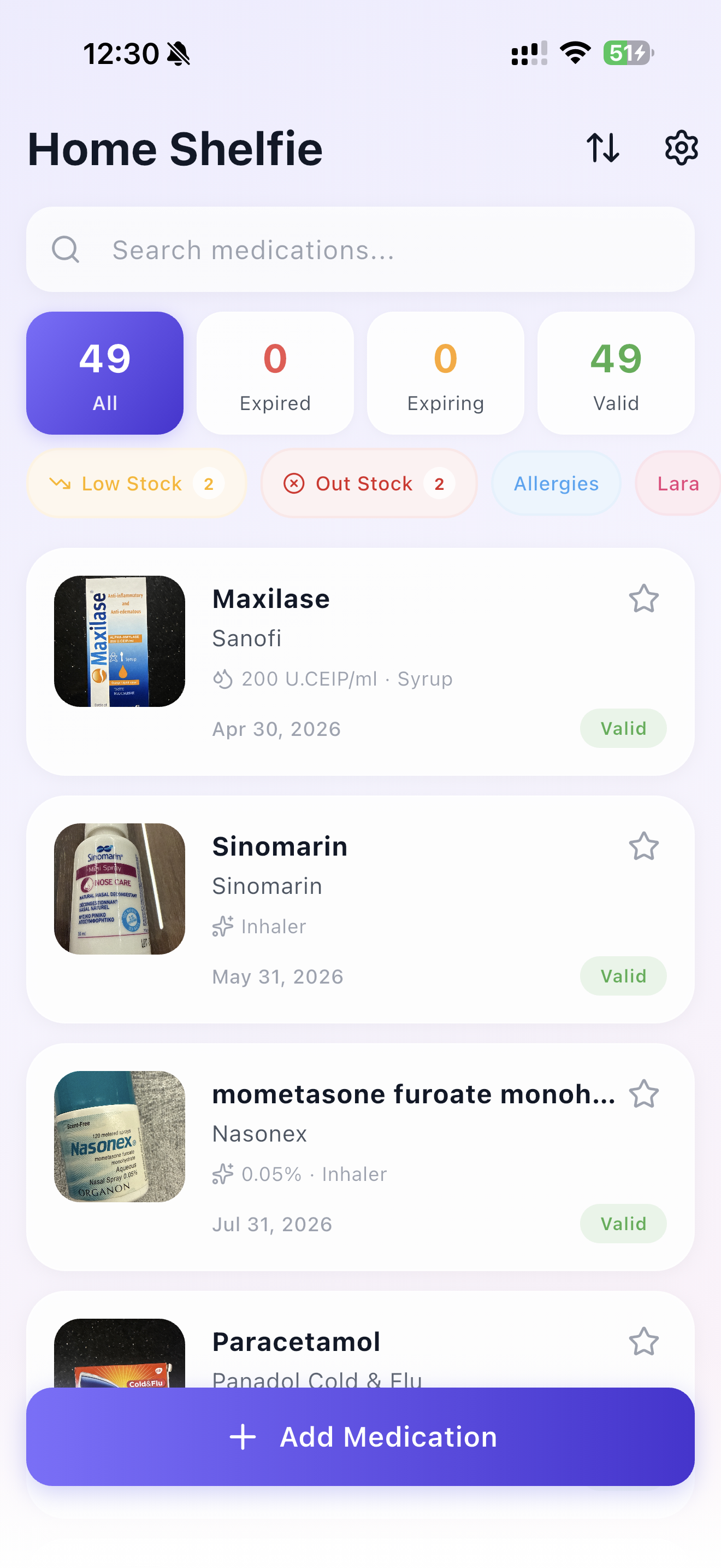 Home screen with medications