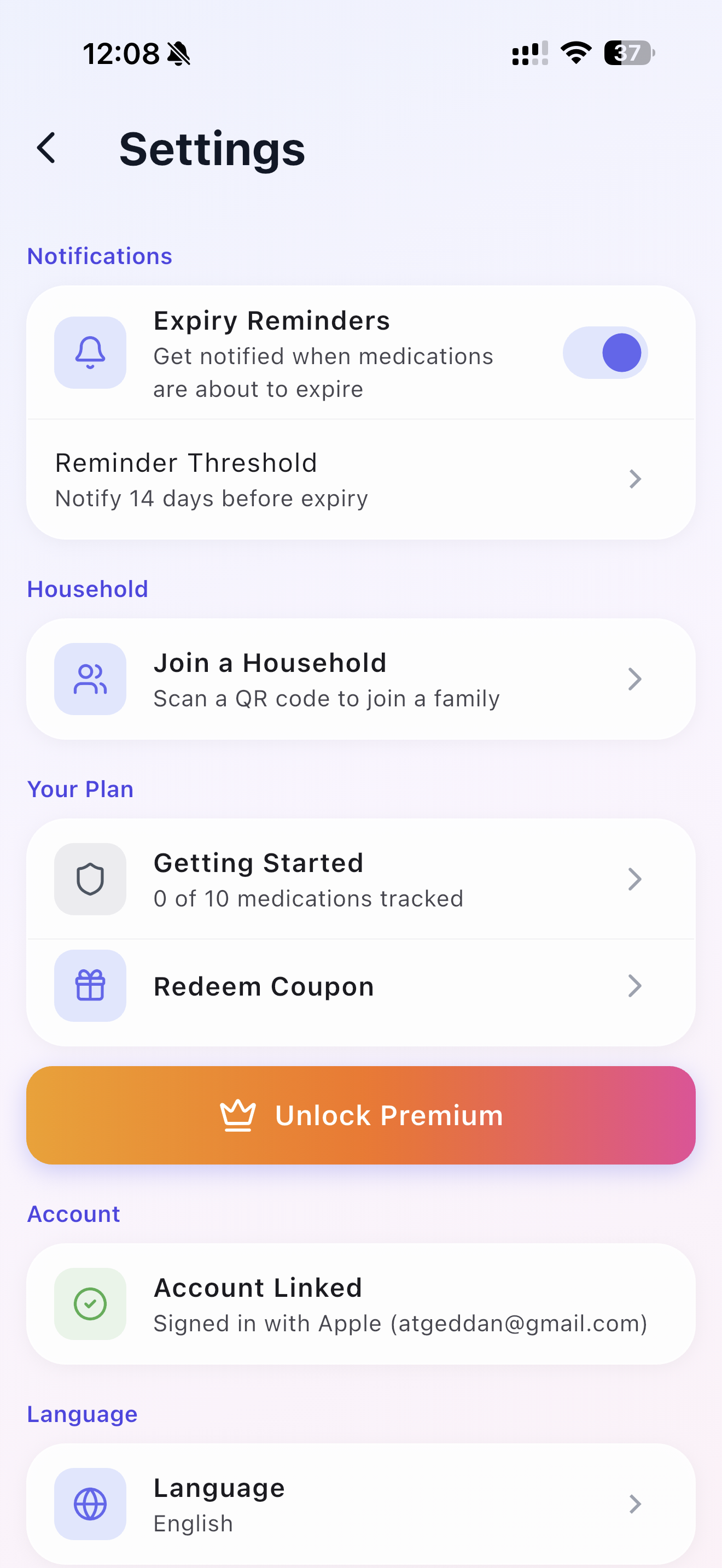 Settings and family sharing